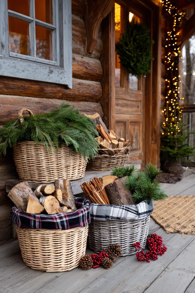 15 Cozy Rustic Christmas Porch Ideas for Country Charm 18 woven baskets stacked with firewood, pine branches, and cinnamon sticks 1