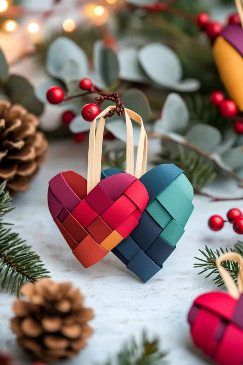woven paper heart ornaments in red, green, and metallics 1