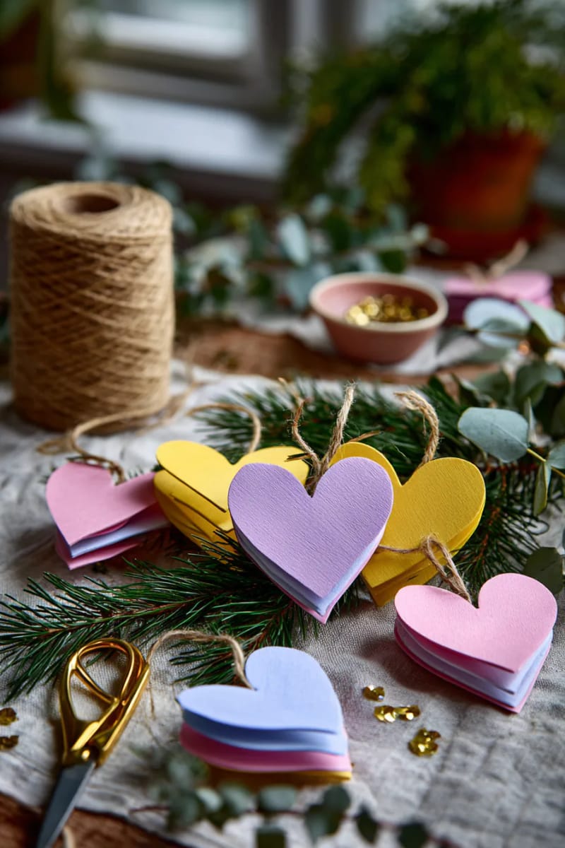 woven paper heart ornaments in red, green, and metallics 1