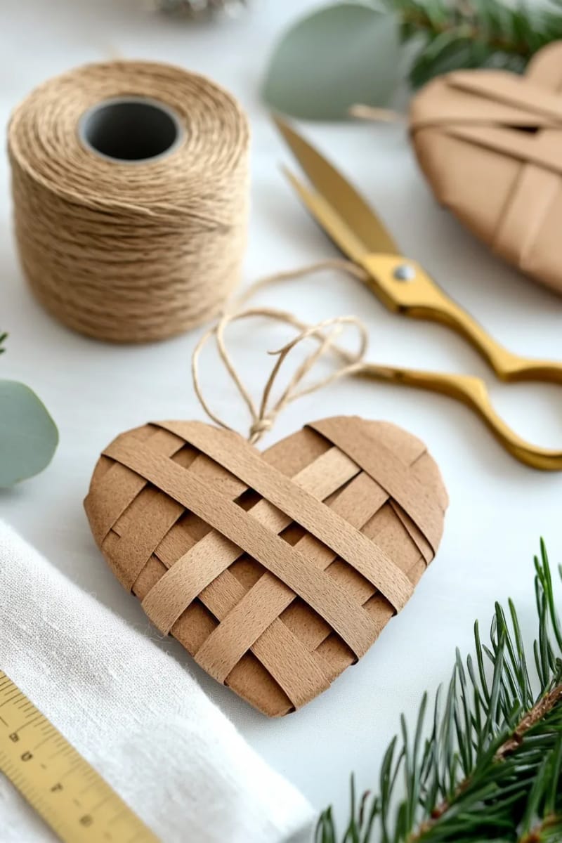 woven paper heart ornaments in red, green, and metallics 1