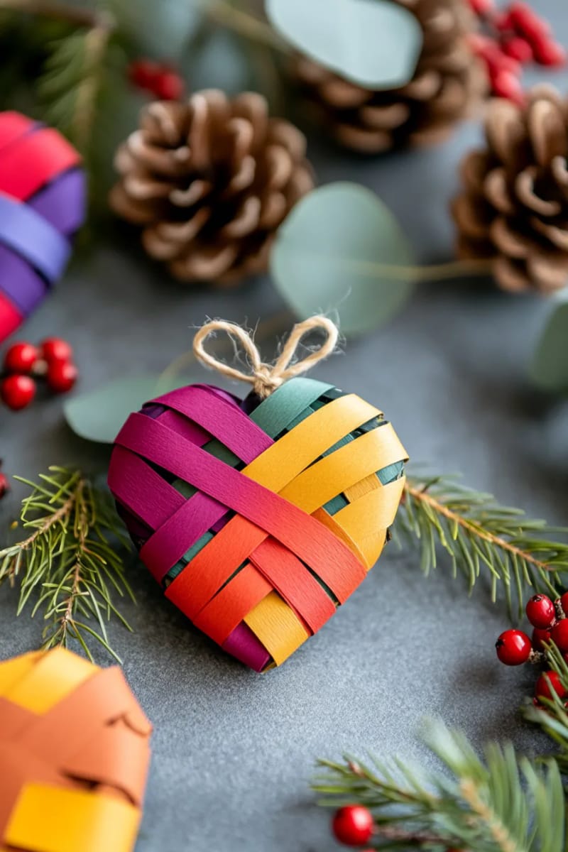 woven paper heart ornaments in red, green, and metallics 1