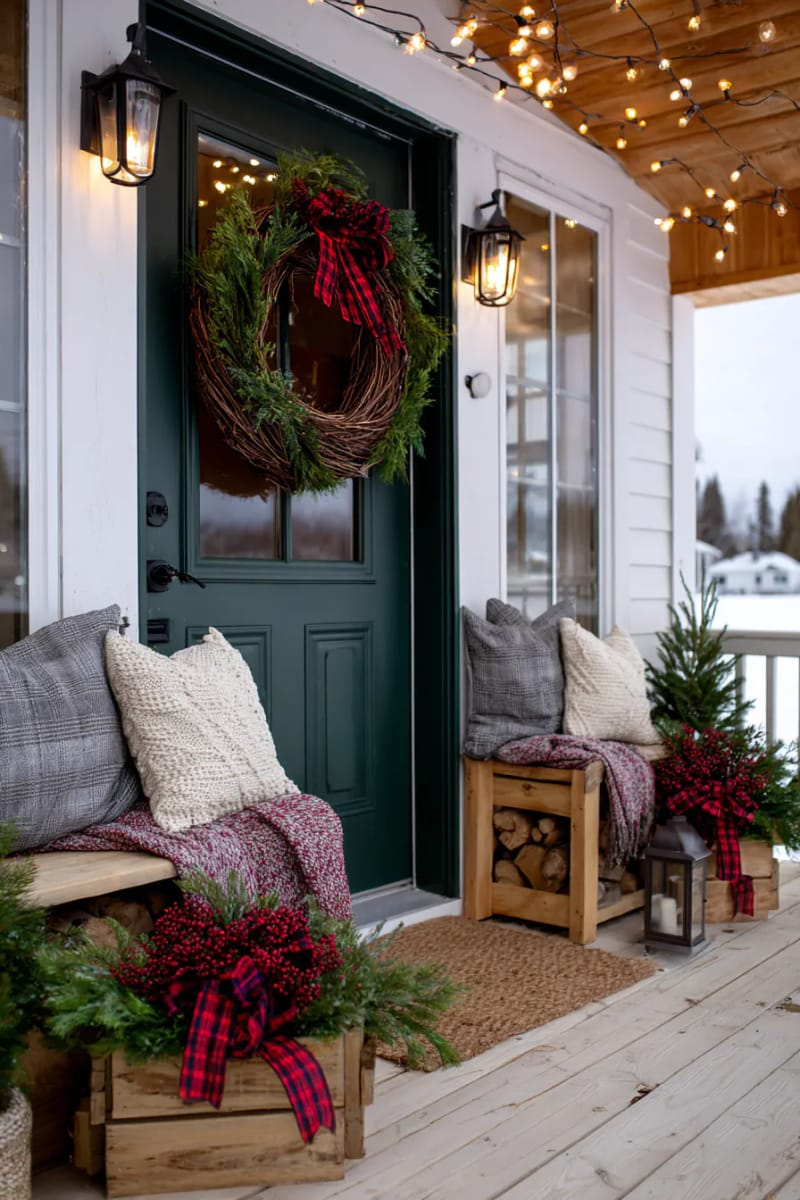 woven twig wreath with plaid bows and pine sprigs 1