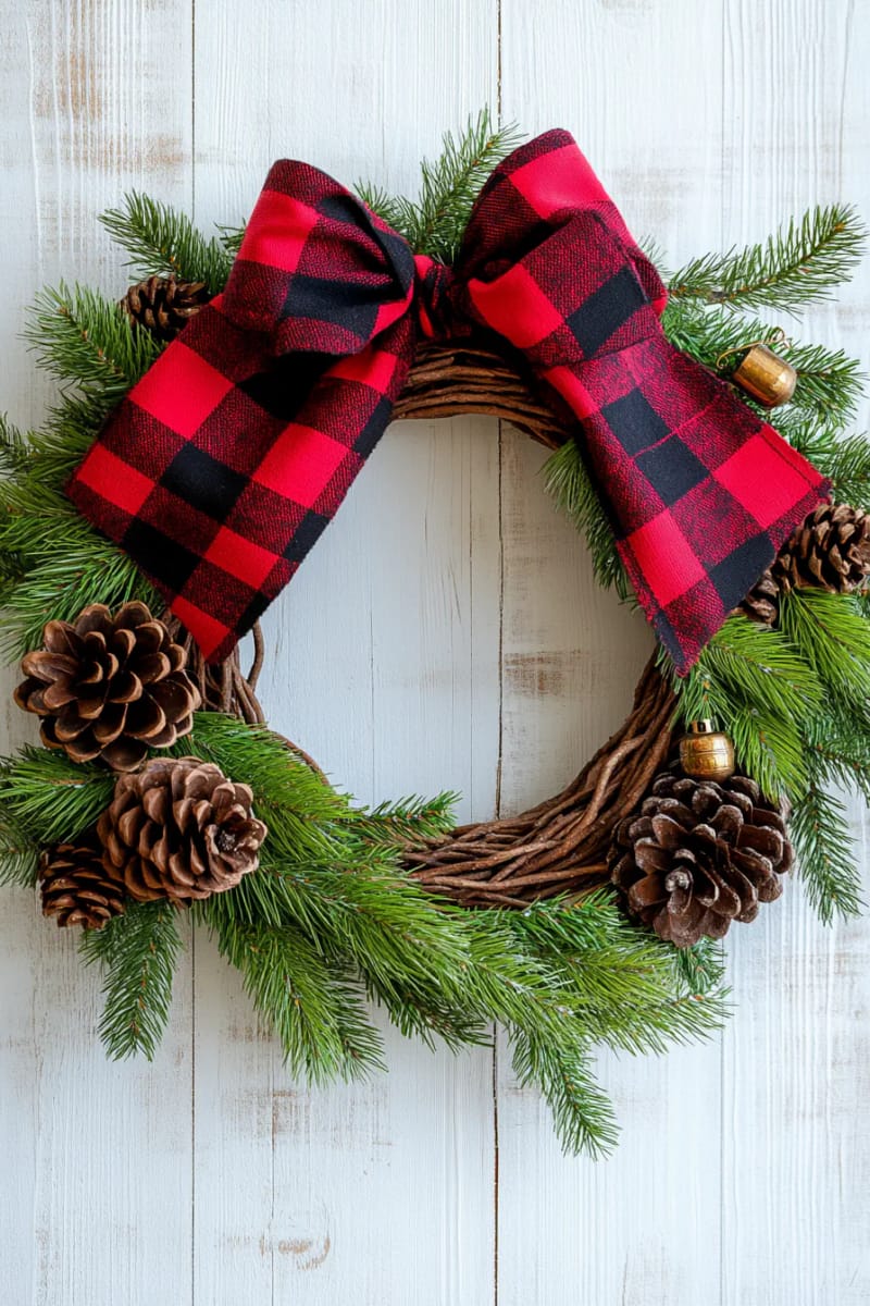 woven twig wreath with plaid bows and pine sprigs 1