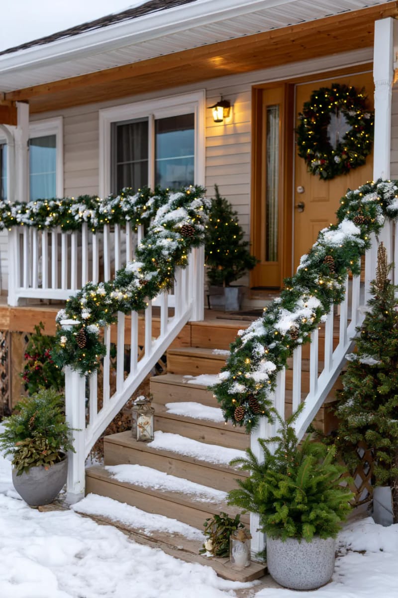 15 Christmas Decor Ideas for a Front Porch DIY That’s Simple but Stunning 17 wrap your porch banister with garland and string white fairy lights for winter sparkle. 1