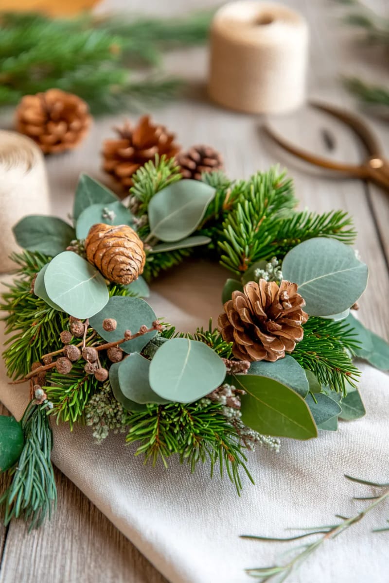 wreaths made from eucalyptus, pine, and preserved seed pods 1