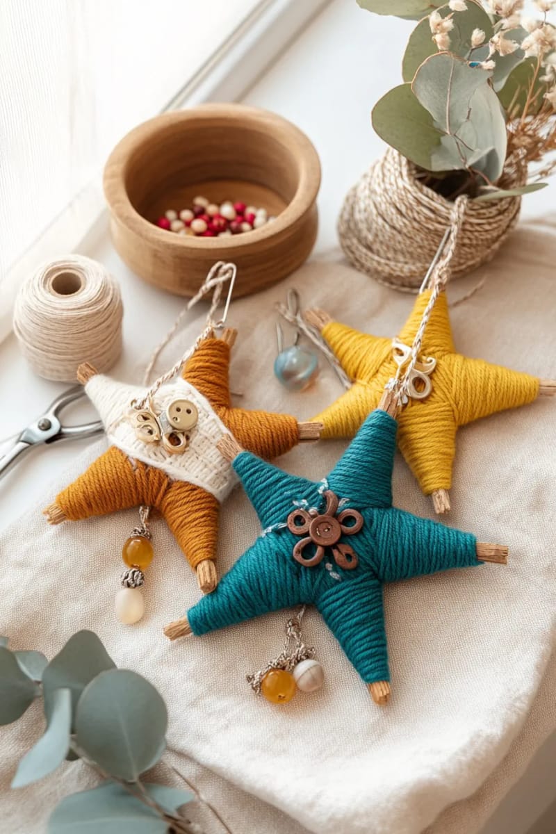 29 Upcycled Christmas Crafts For Unique Holiday DIY Projects 40 yarn-wrapped stick stars adorned with upcycled beads and charms 1