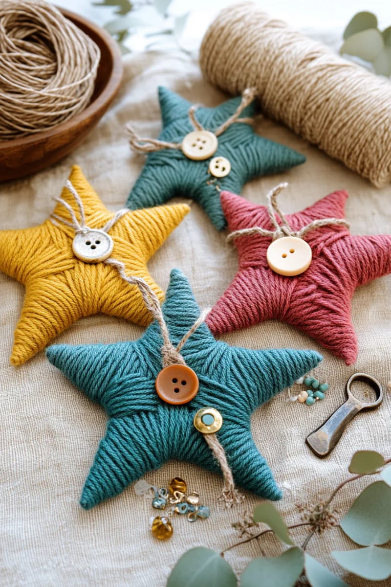 29 Upcycled Christmas Crafts For Unique Holiday DIY Projects 41 yarn-wrapped stick stars adorned with upcycled beads and charms 1