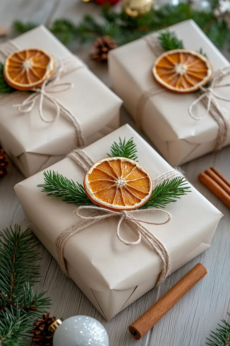 accent wrapped gifts with a single dried orange slice and twine 1