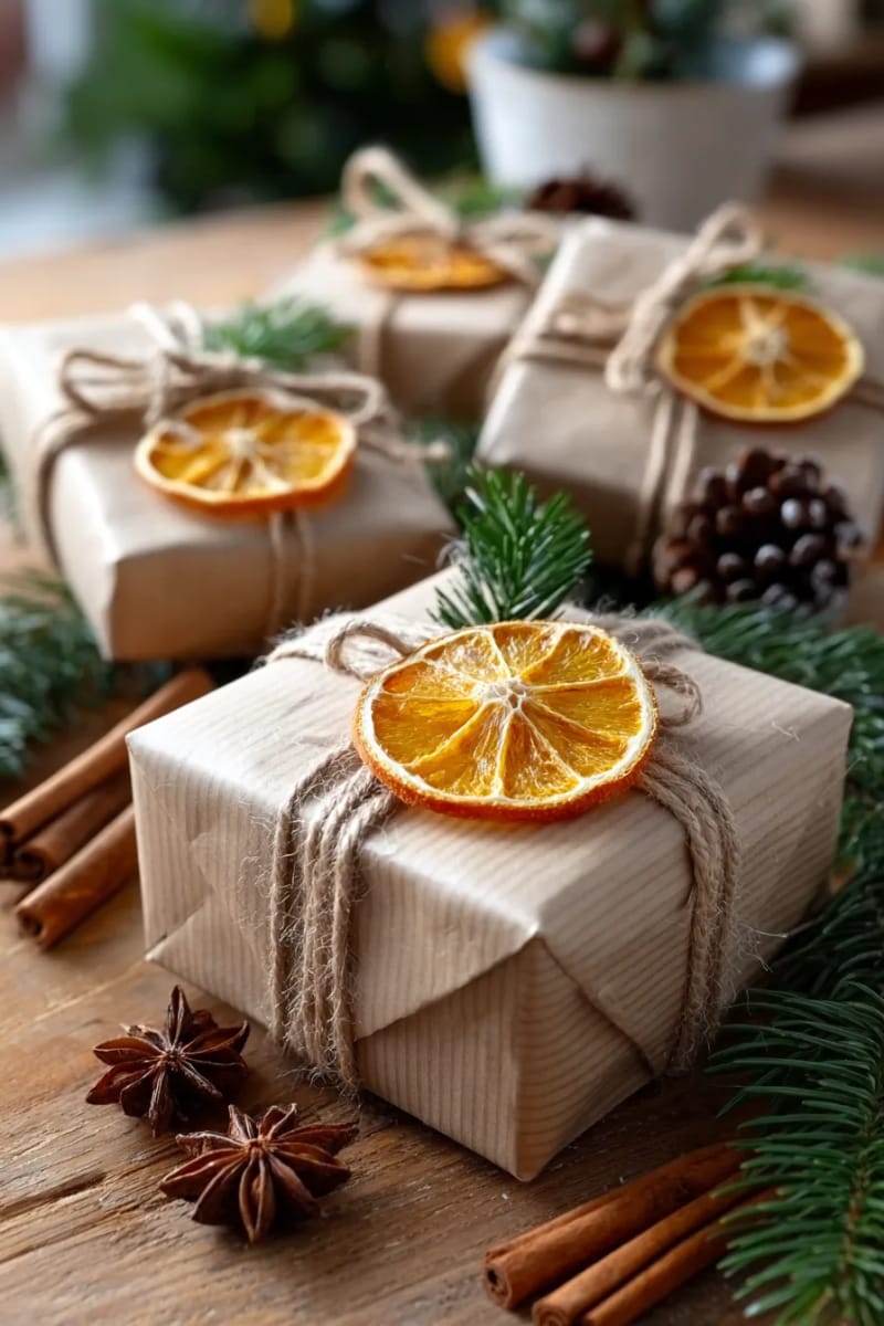accent wrapped gifts with a single dried orange slice and twine 1