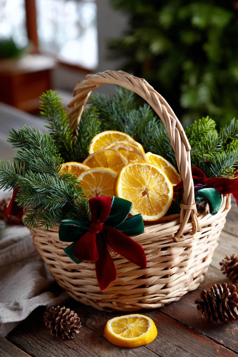 adorn a basket of pine branches with dried oranges and ribbon bows 1