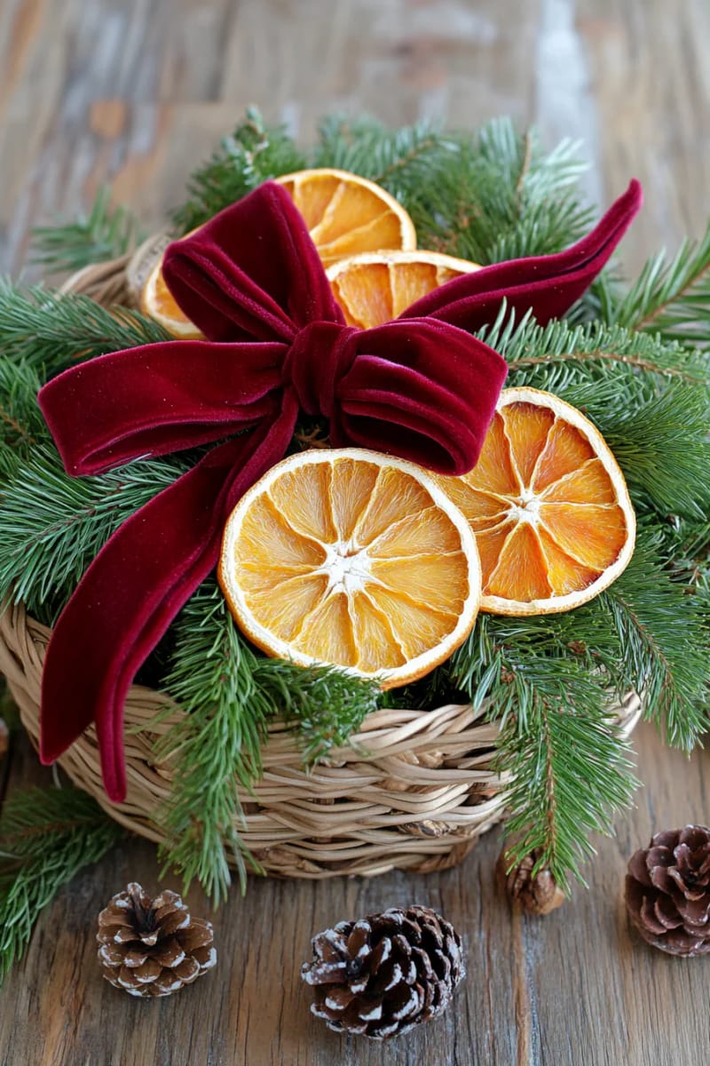 adorn a basket of pine branches with dried oranges and ribbon bows 1
