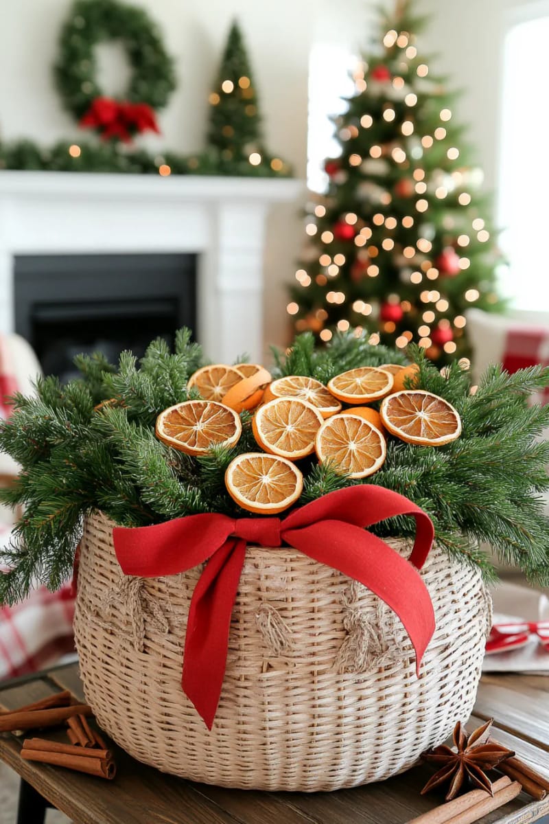 adorn a basket of pine branches with dried oranges and ribbon bows 1