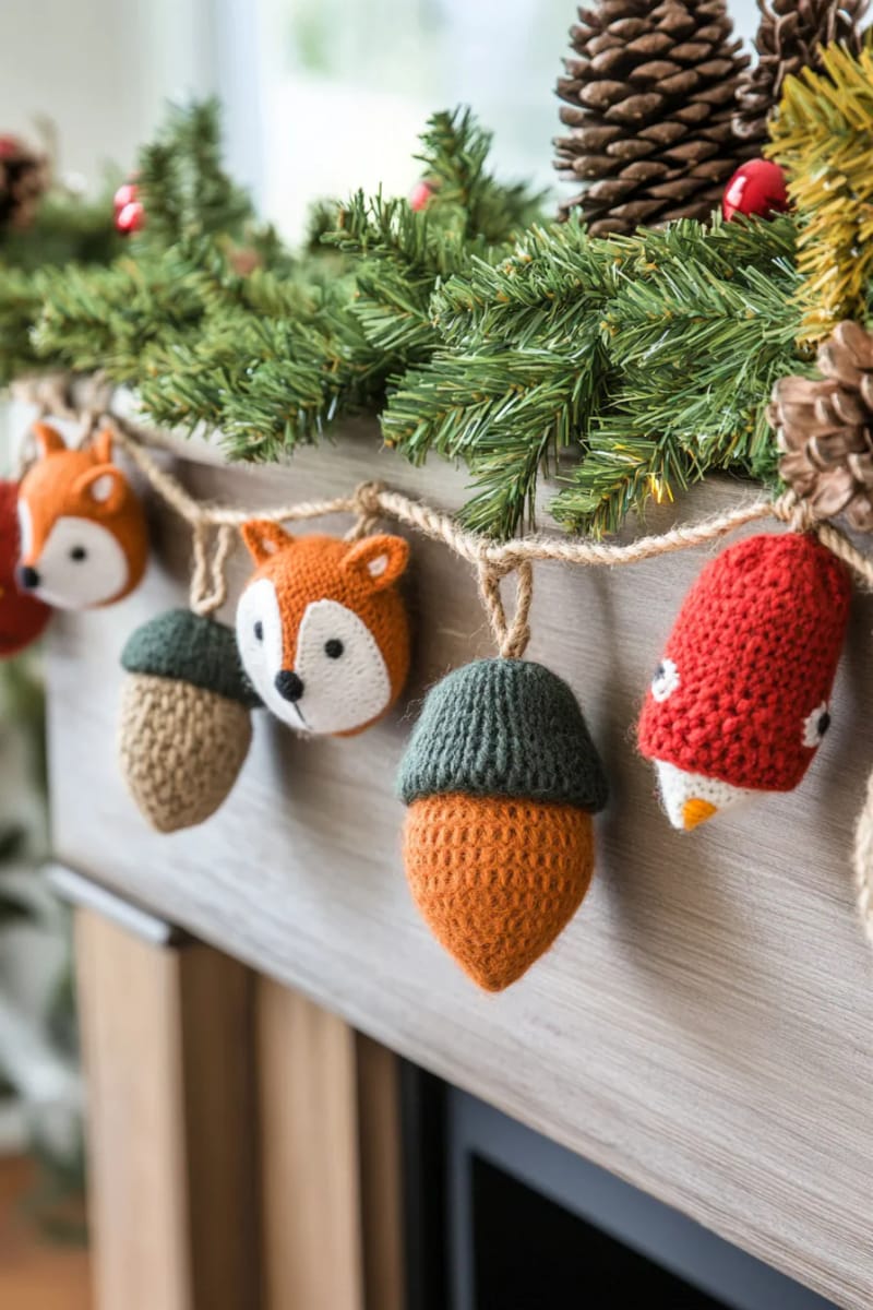 alternating wool acorns and woodland animal faces on natural cord 21