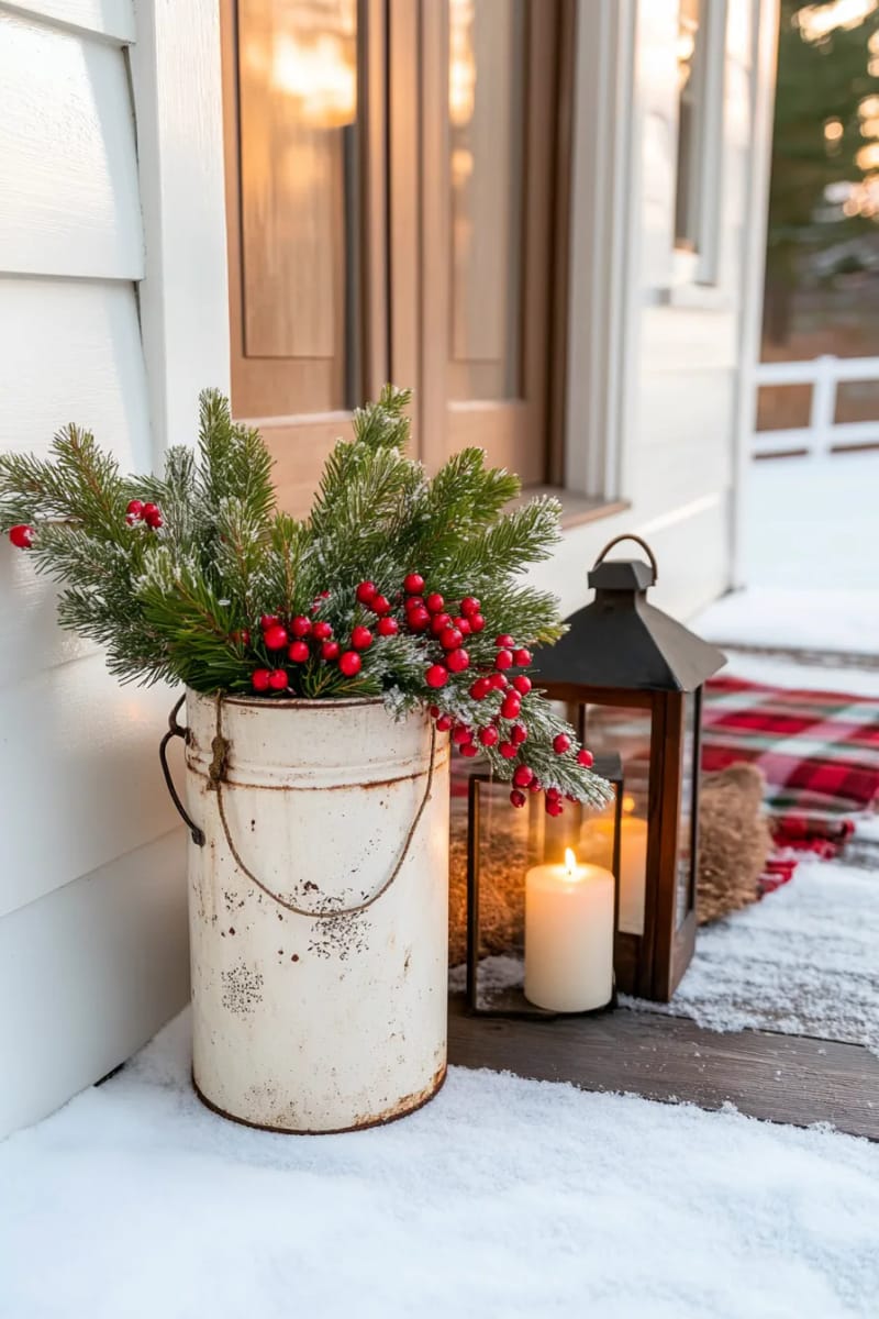 15 Cozy Modern Farmhouse Christmas Ideas For Front Porch 2025 6 antique milk can filled with snowy branches and red berry sprigs beside the door 1