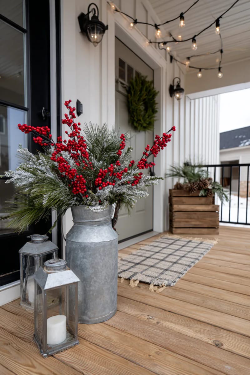 15 Cozy Modern Farmhouse Christmas Ideas For Front Porch 2025 7 antique milk can filled with snowy branches and red berry sprigs beside the door 1