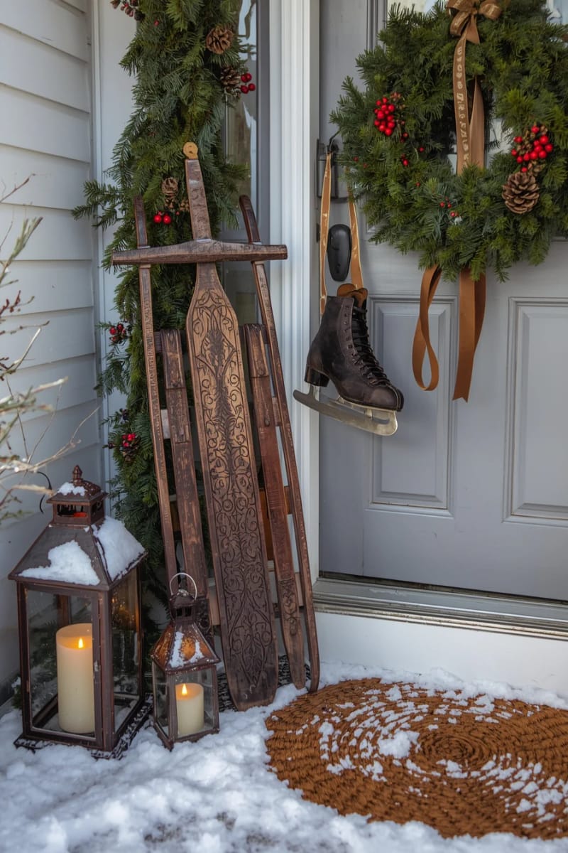 antique sled propped by the front door with evergreen branches and red berries 1