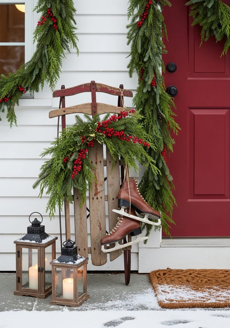 antique sled propped by the front door with evergreen branches and red berries 1