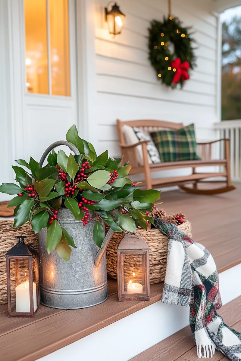 15 Simple Farmhouse Christmas Front Porch Decor Ideas 28 antique watering can filled with magnolia leaves and red berries 1