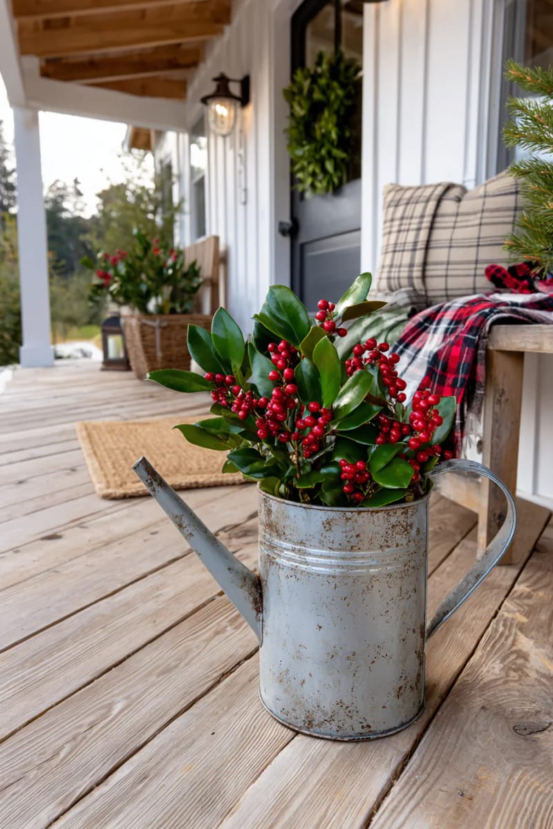 15 Simple Farmhouse Christmas Front Porch Decor Ideas 29 antique watering can filled with magnolia leaves and red berries 1