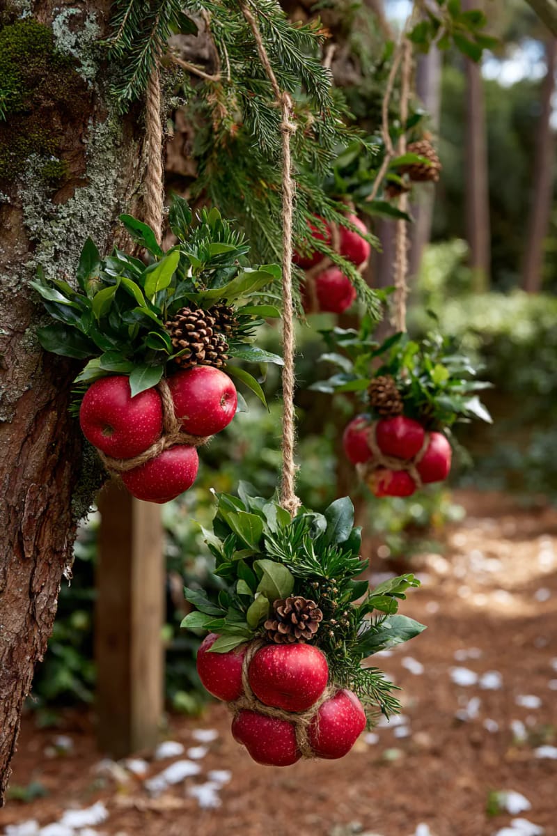 apple and clove pomanders hanging in clusters from outdoor trees 1