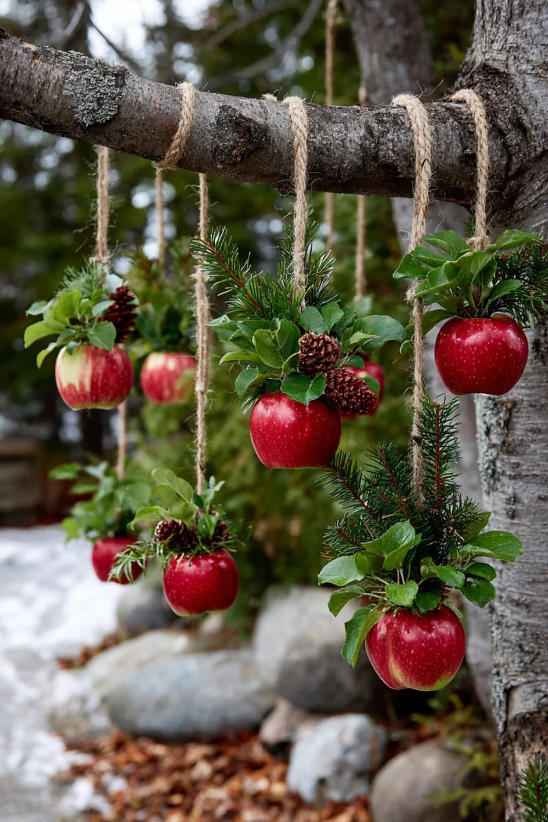 apple and clove pomanders hanging in clusters from outdoor trees 1