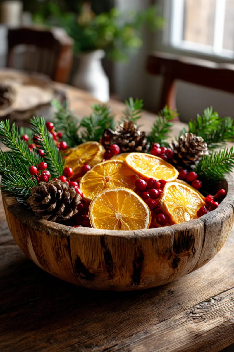 arrange dried oranges and greenery in a vintage wooden dough bowl 1