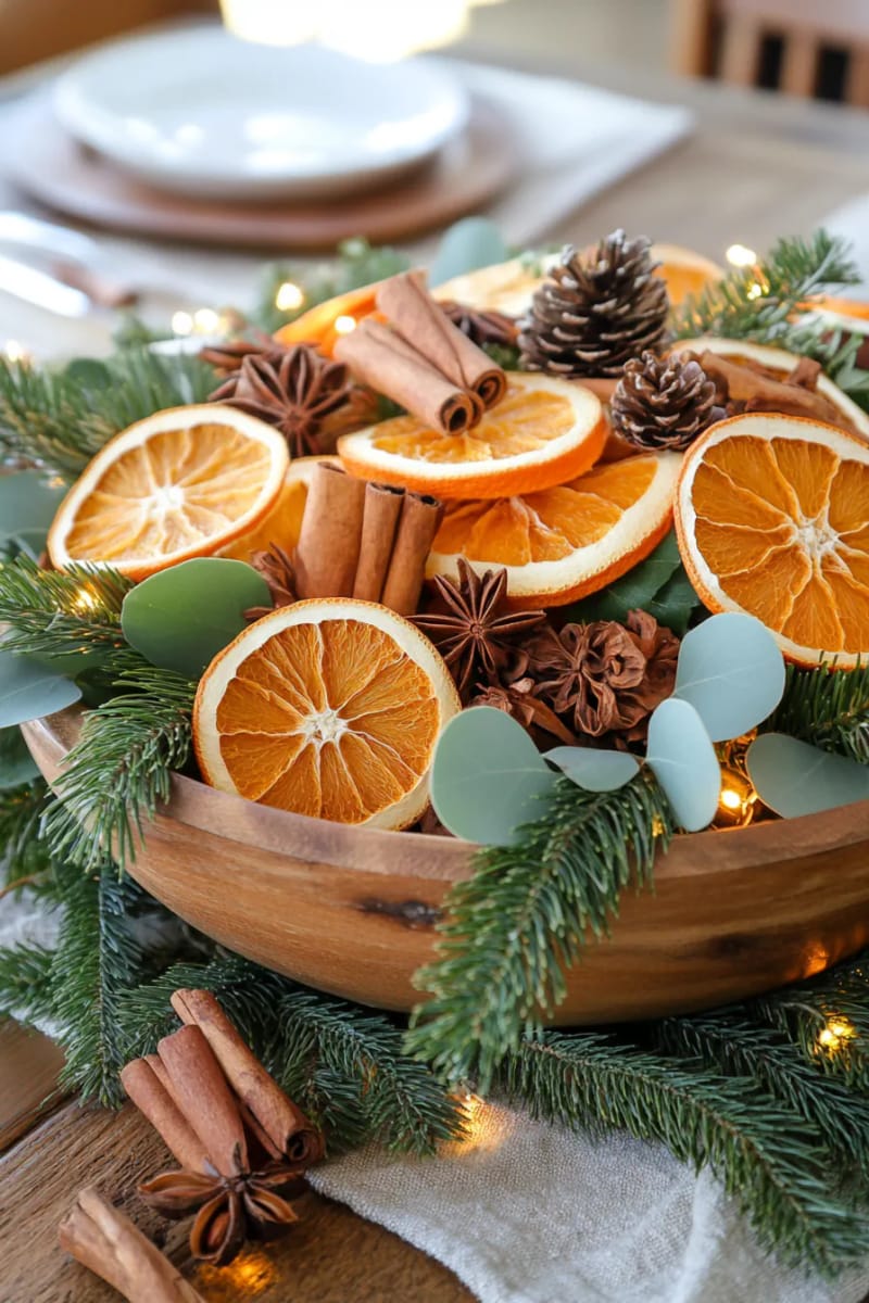 arrange dried oranges and greenery in a vintage wooden dough bowl 1