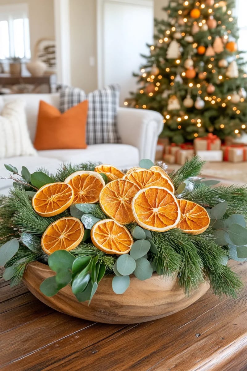 arrange dried oranges and greenery in a vintage wooden dough bowl 1