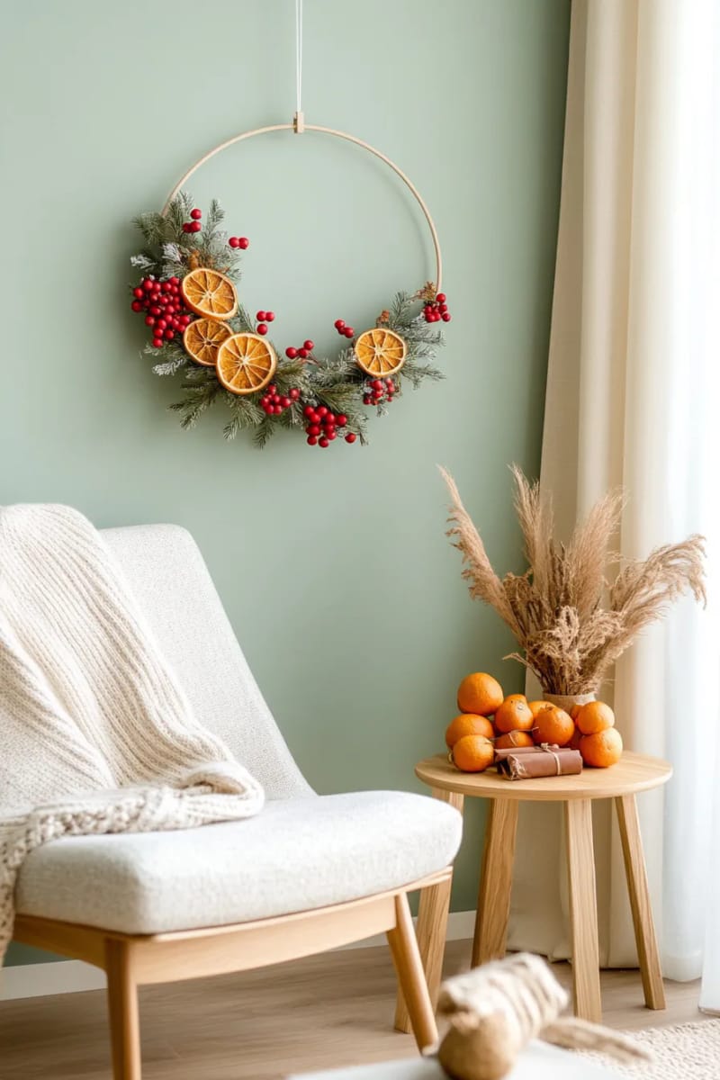 arrange dried oranges and red berries on a wire hoop for a minimalist wreath 1