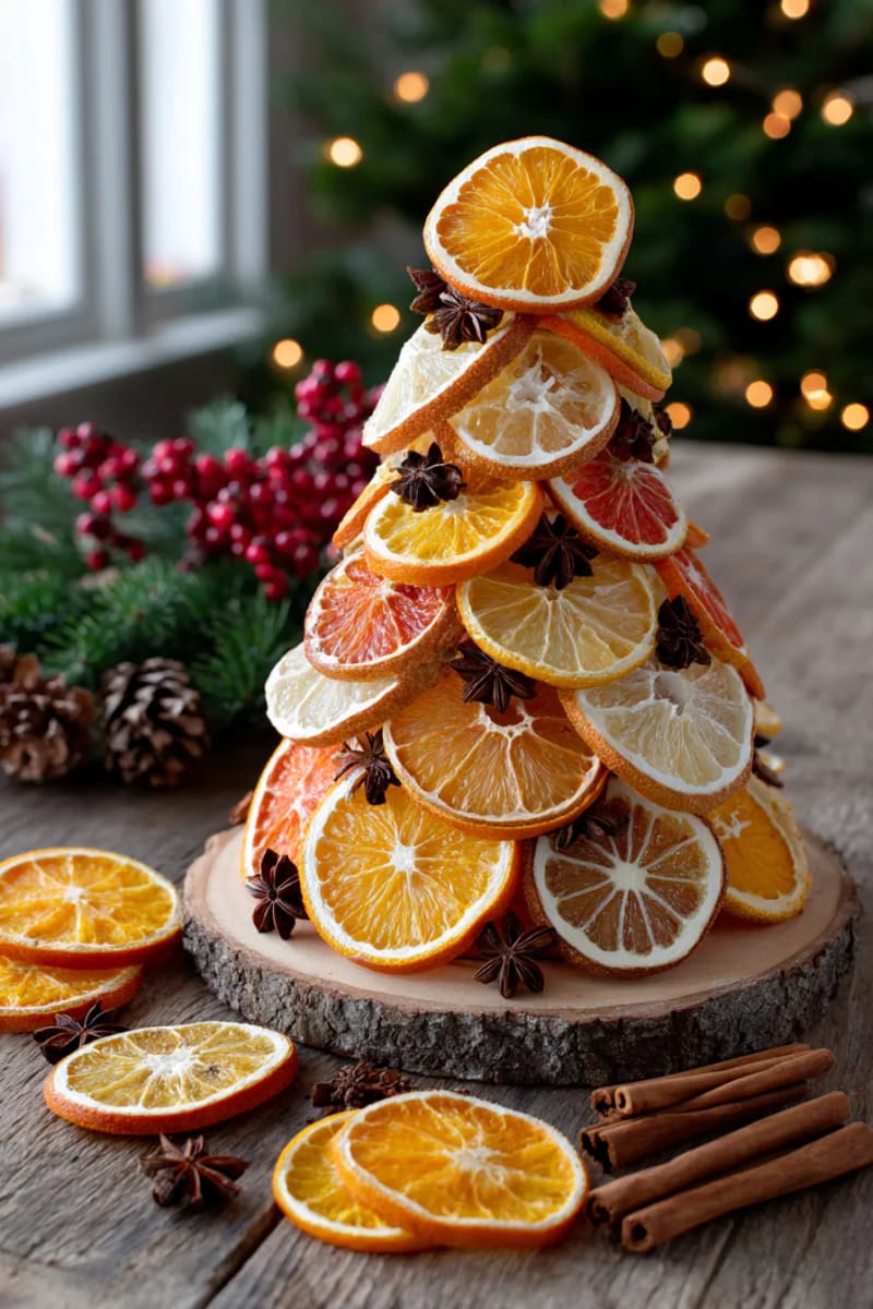 assemble a tabletop tree using stacked dried orange slices and cloves 1