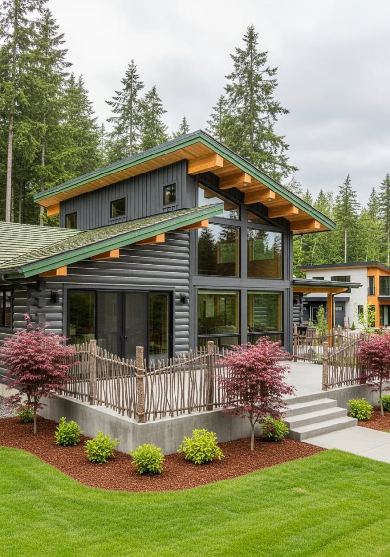 15 Fabulous Log Cabin Home Exterior Ideas You'll Love! 33 asymmetric roofline cabin with moss green shakes and whimsical twig fencing 1