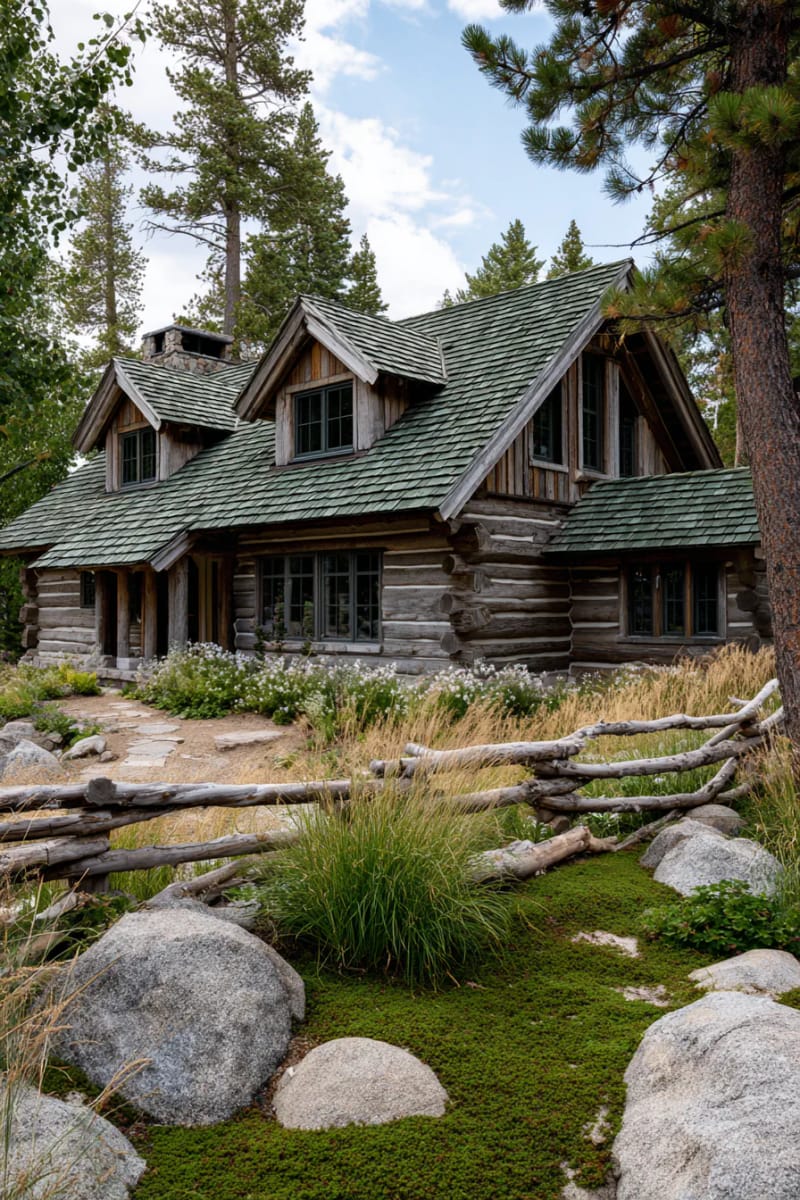15 Fabulous Log Cabin Home Exterior Ideas You'll Love! 34 asymmetric roofline cabin with moss green shakes and whimsical twig fencing 1