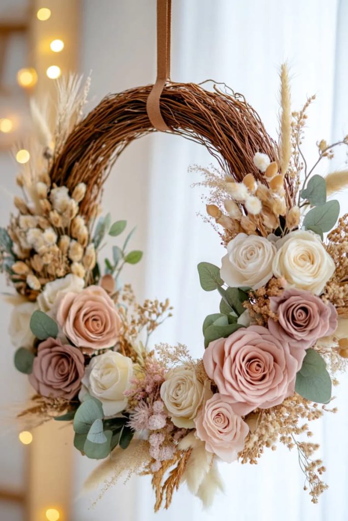 asymmetrical dried flower arrangement with muted roses and golden wheat 13