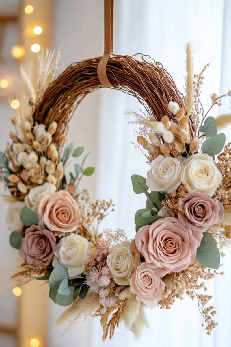 asymmetrical dried flower arrangement with muted roses and golden wheat 13