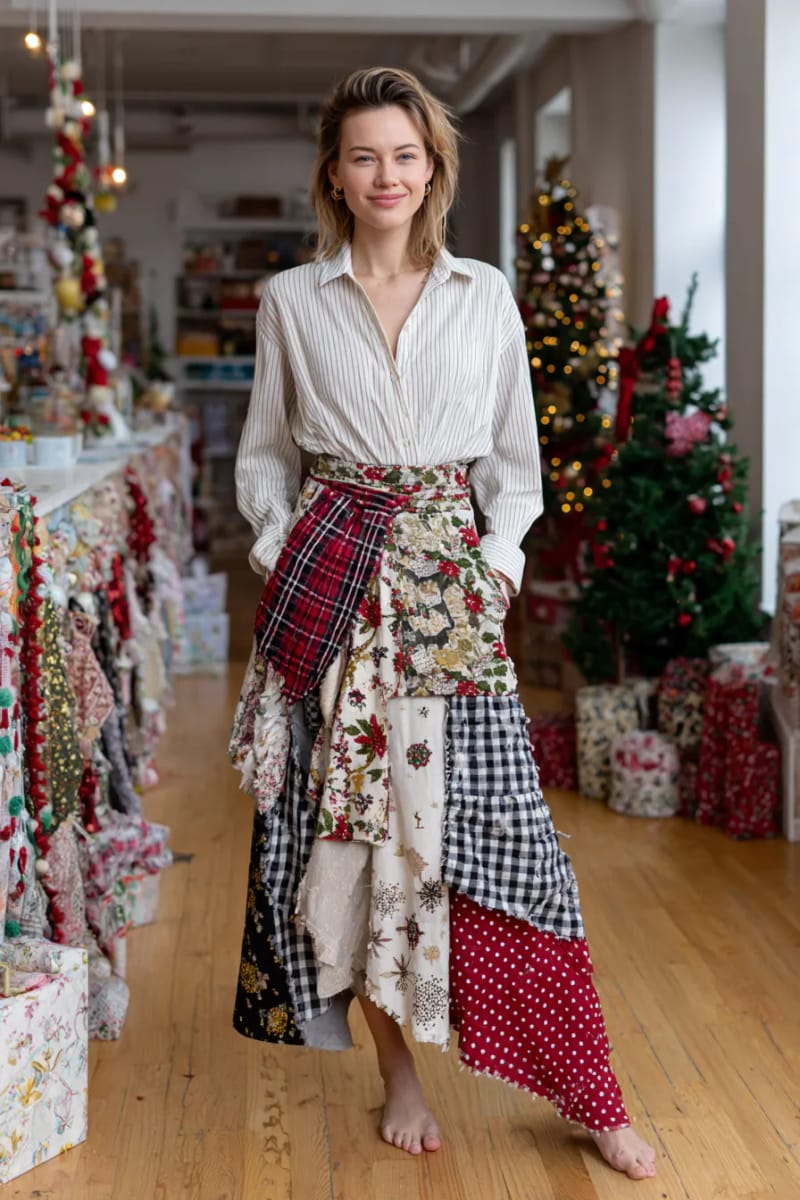 asymmetrical patchwork skirt from old pajamas and christmas tablecloths. 1