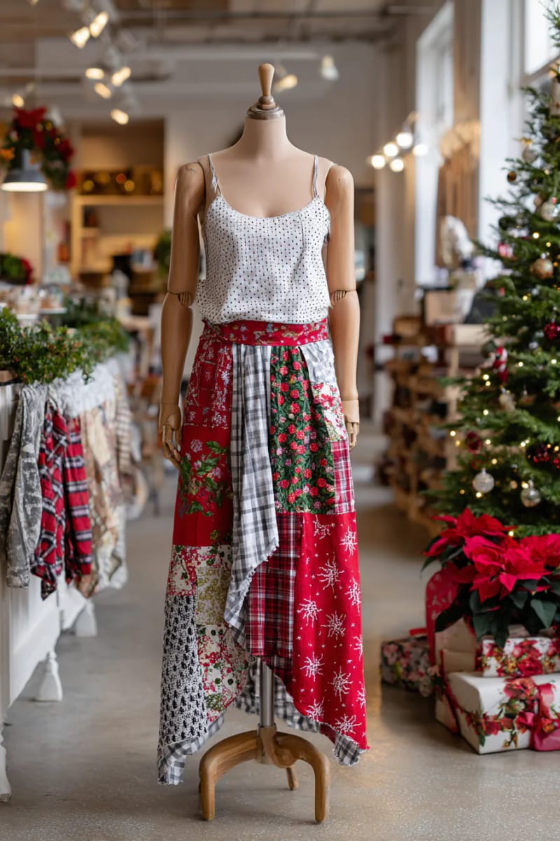 asymmetrical patchwork skirt from old pajamas and christmas tablecloths. 1