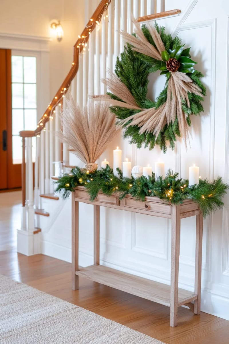 asymmetrical wreath with magnolia leaves, pampas grass, and evergreen boughs 1