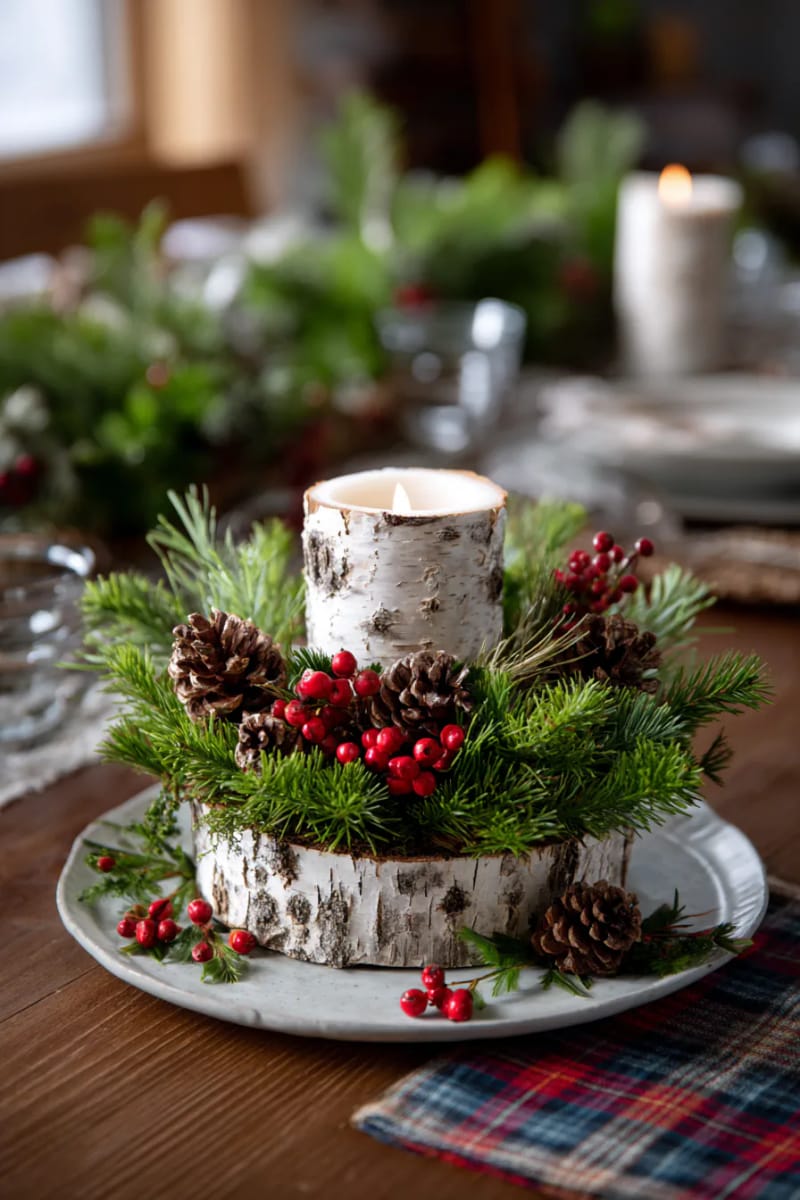 birch bark-wrapped candle surrounded by pine needles and mini pinecones 1