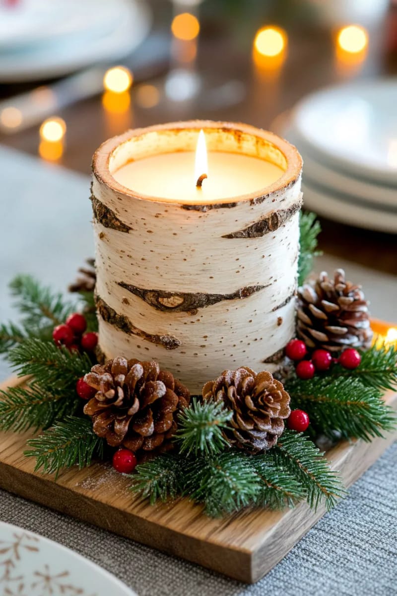 birch bark-wrapped candle surrounded by pine needles and mini pinecones 1