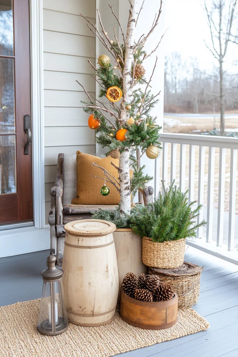 birch branch porch tree with dried orange slice garland and pinecone ornaments 1