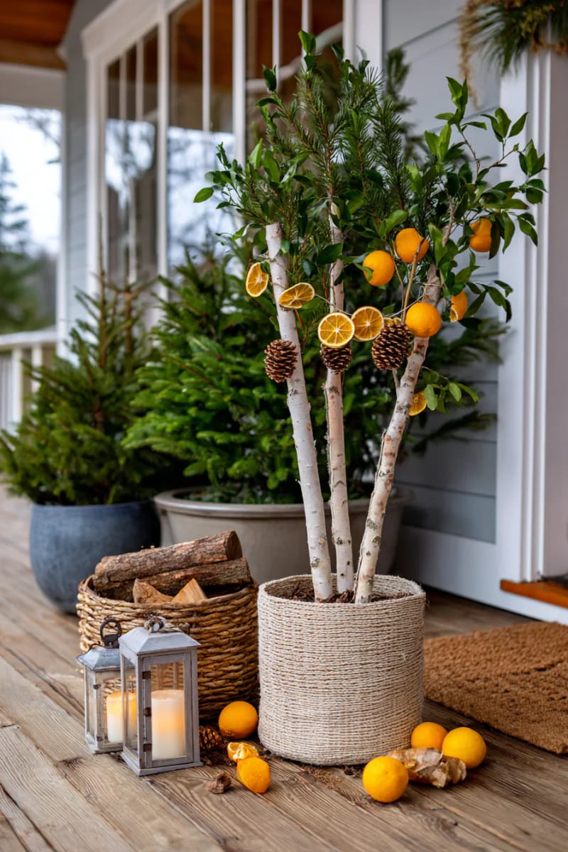 birch branch porch tree with dried orange slice garland and pinecone ornaments 1