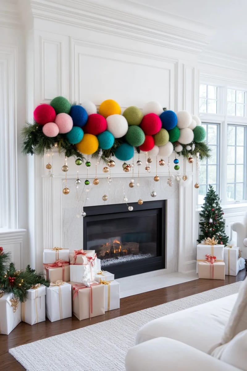 bold garland with oversized multicolor wool beads and tiny gold bells 1