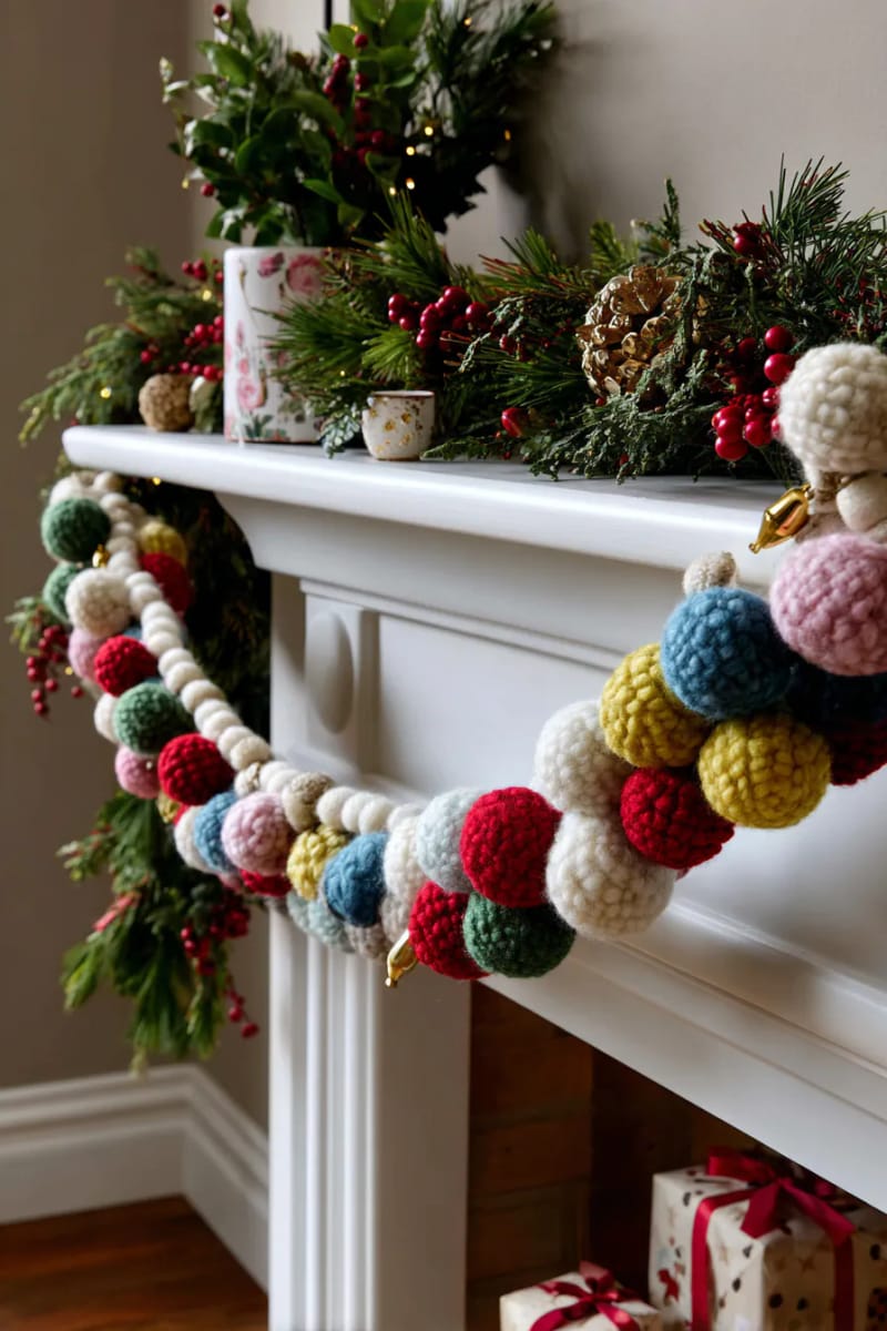 bold garland with oversized multicolor wool beads and tiny gold bells 1