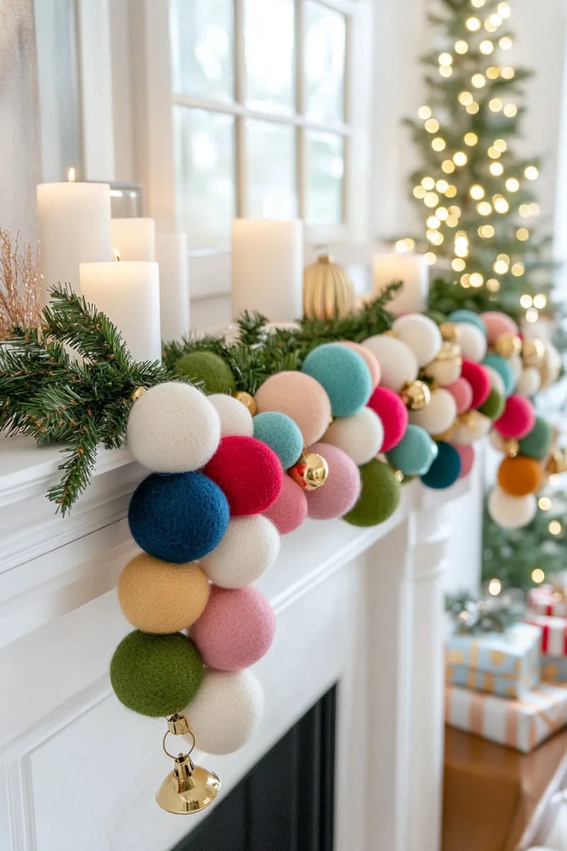 bold garland with oversized multicolor wool beads and tiny gold bells 1