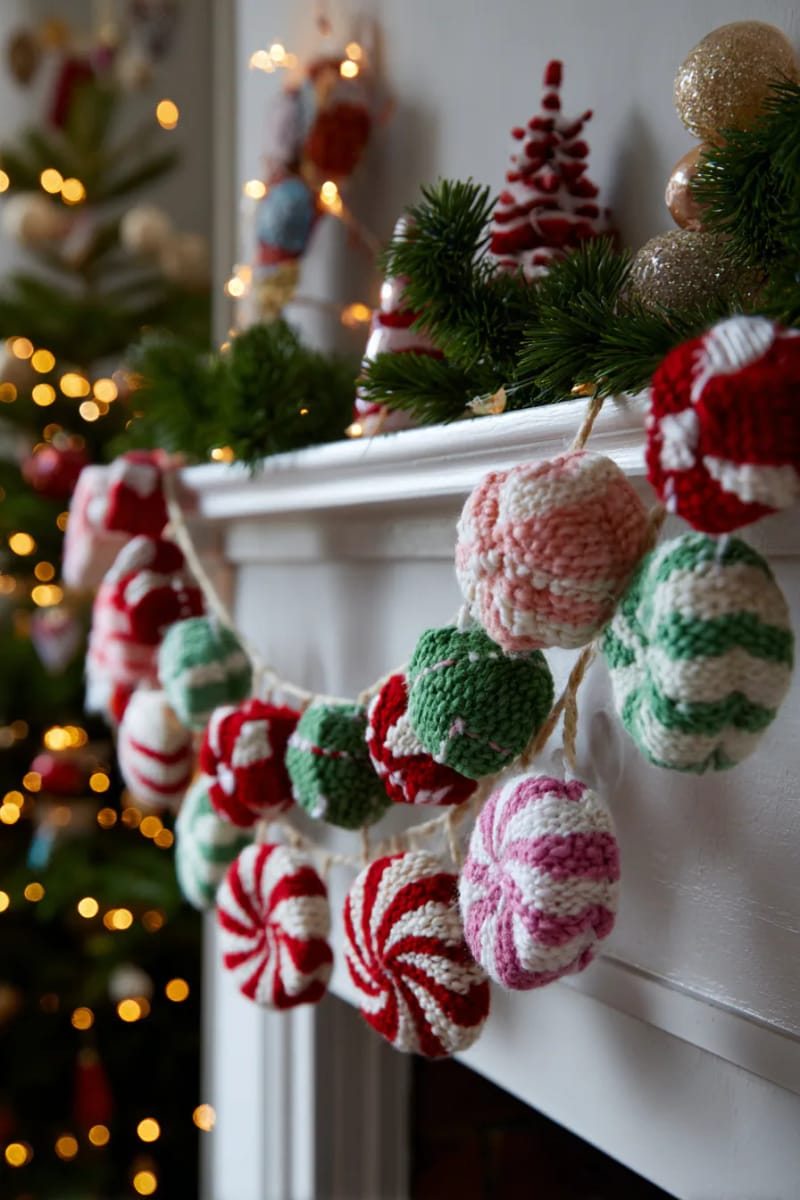 bright garland with wool garland candy shapes and peppermint spirals 1