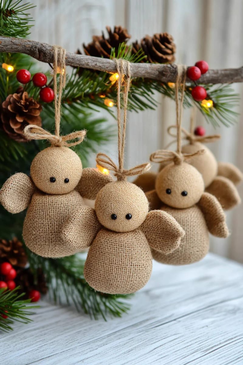 burlap angel ornaments with wood bead heads and twine halos 1