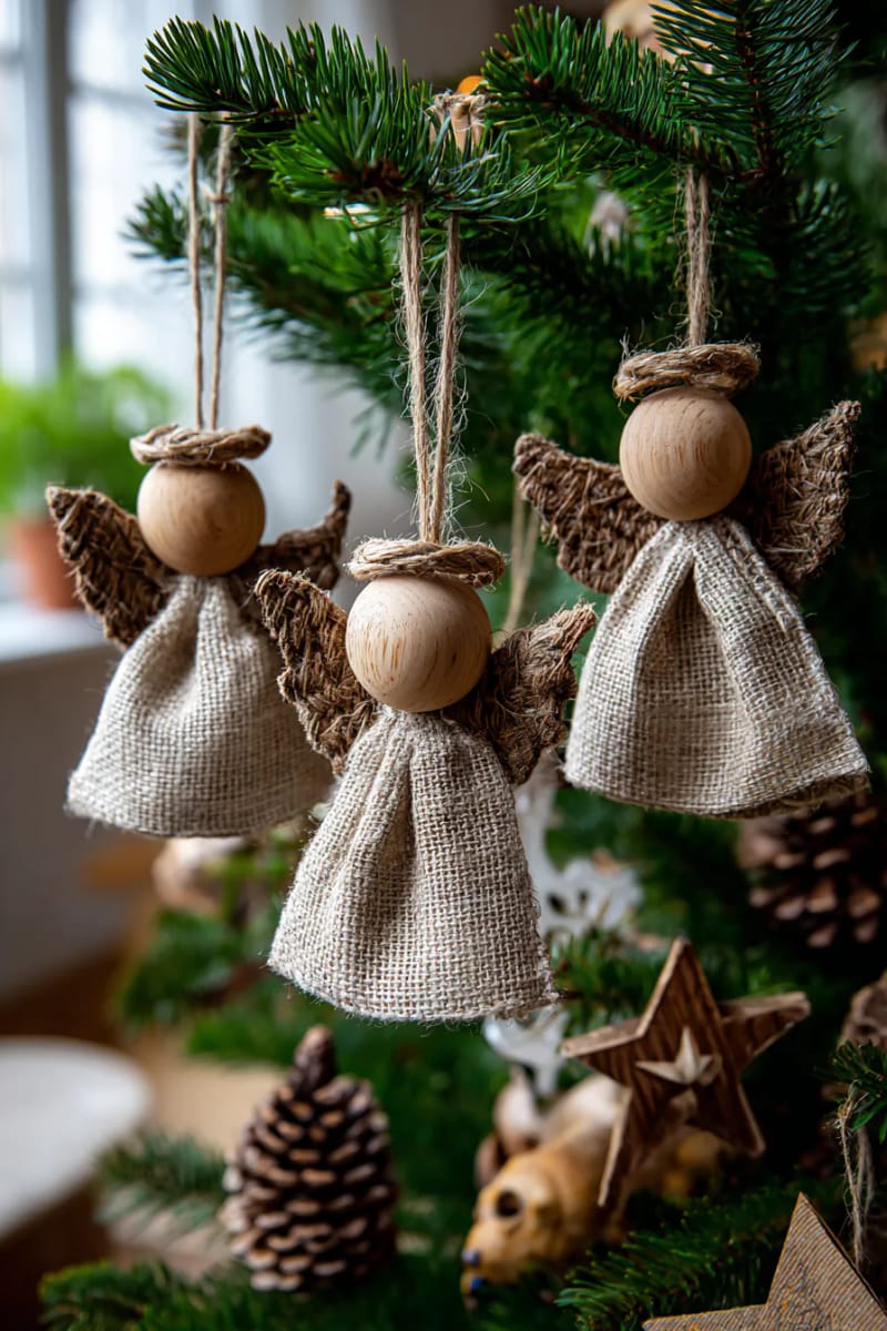 burlap angel ornaments with wood bead heads and twine halos 1