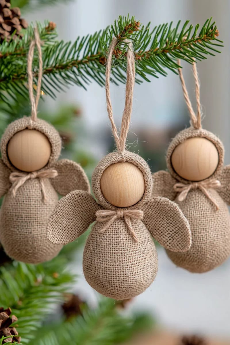burlap angel ornaments with wood bead heads and twine halos 1