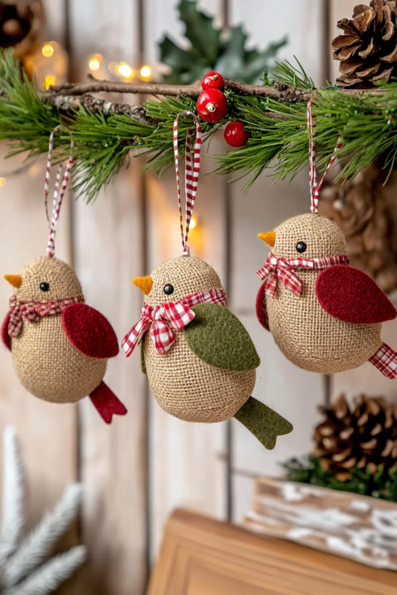 burlap bird ornaments with felt wings and checked ribbon scarves 1