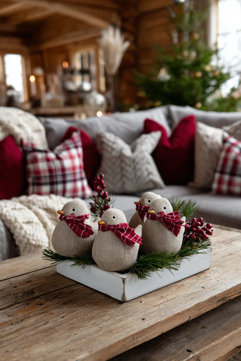 burlap bird ornaments with felt wings and checked ribbon scarves 1